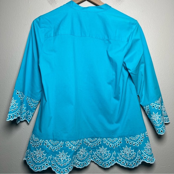 NEW Bob Mackie Women‎ Top XS Blue White Embroidered Prairie Boho Preppy Summer - Picture 9 of 10